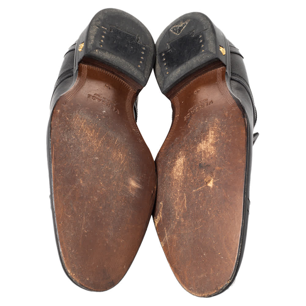 Versace Black Leather Medusa Embellished Slip On Oxford