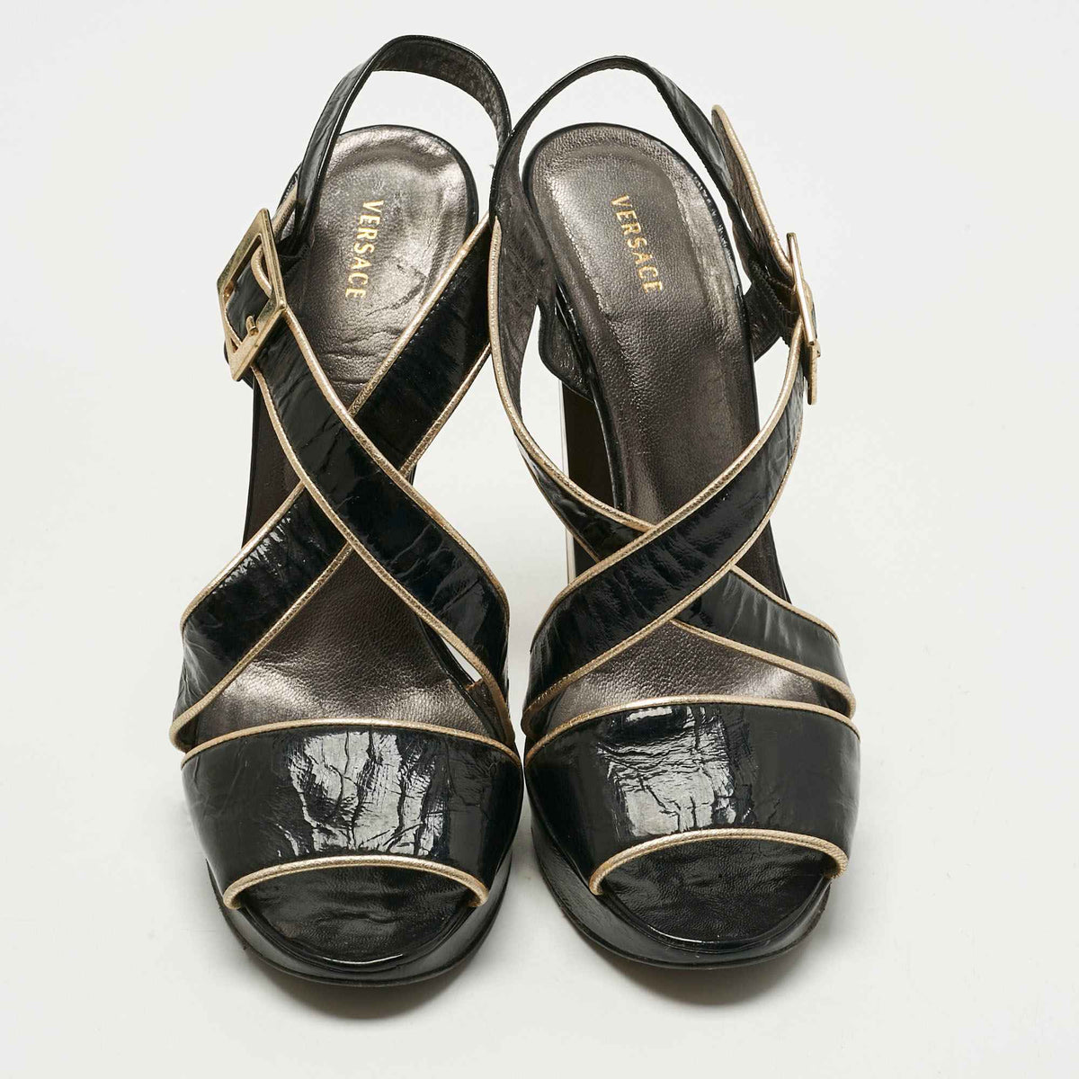 Versace Black Patent Leather Ankle Strap Sandals
