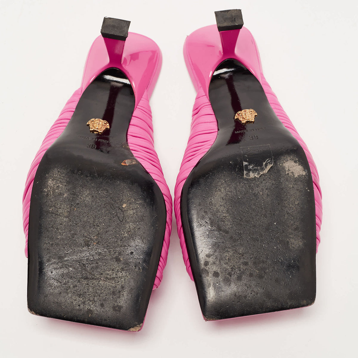 Versace Pink Pleated Leather Plisse Slide Sandals