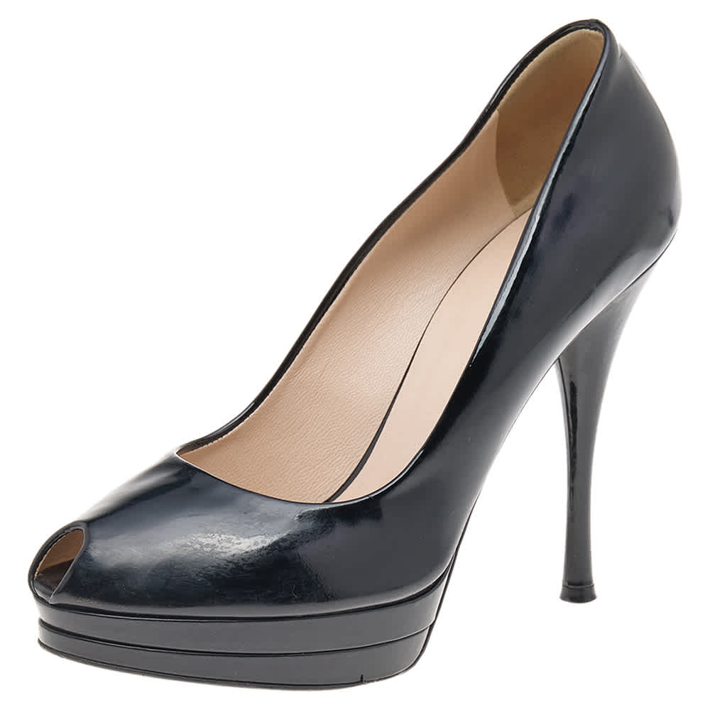 Versace Black Patent Leather Peep Toe Platform Pumps