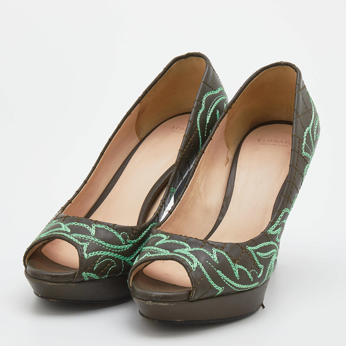 Versace Olive Brown Embroidered Leather Peep Toe Platform Pumps
