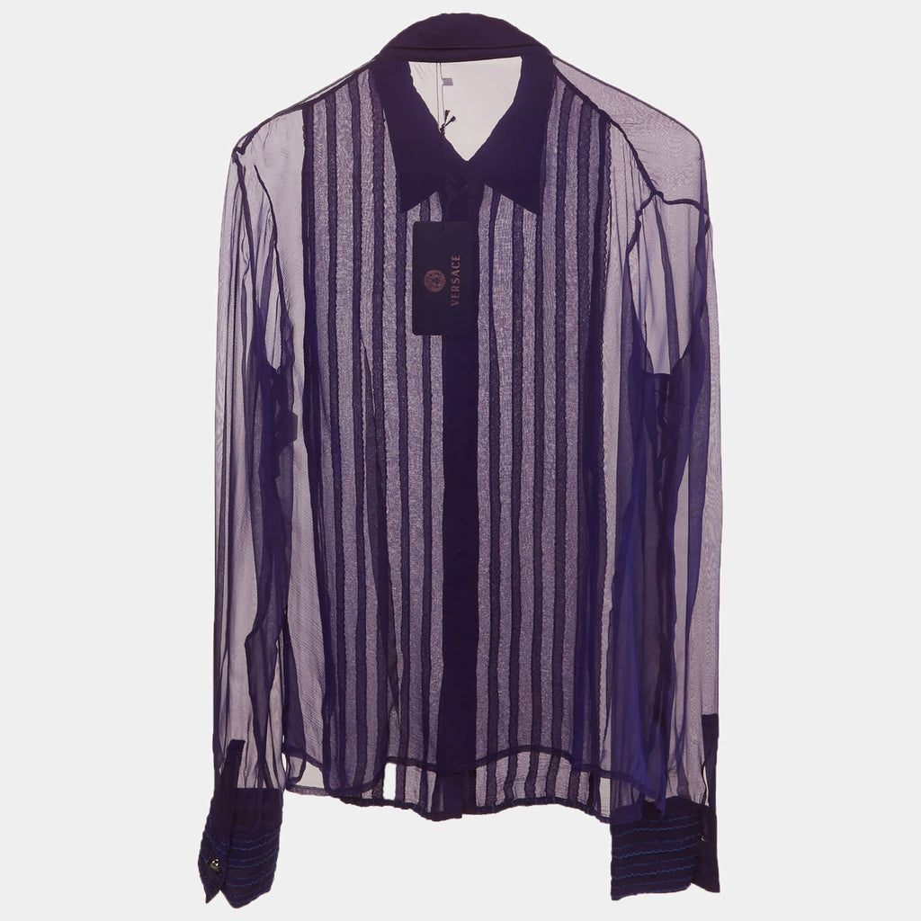 Versace Purple Sheer Silk Chiffon Embroidered Pin Tuck Shirt