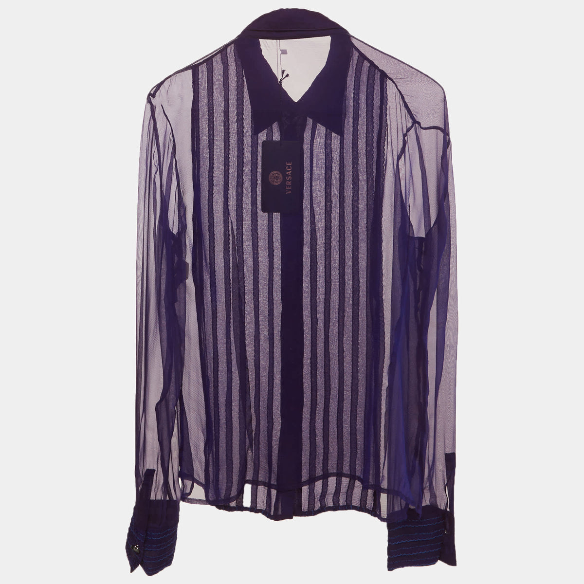 Versace Purple Sheer Silk Chiffon Embroidered Pin Tuck Shirt