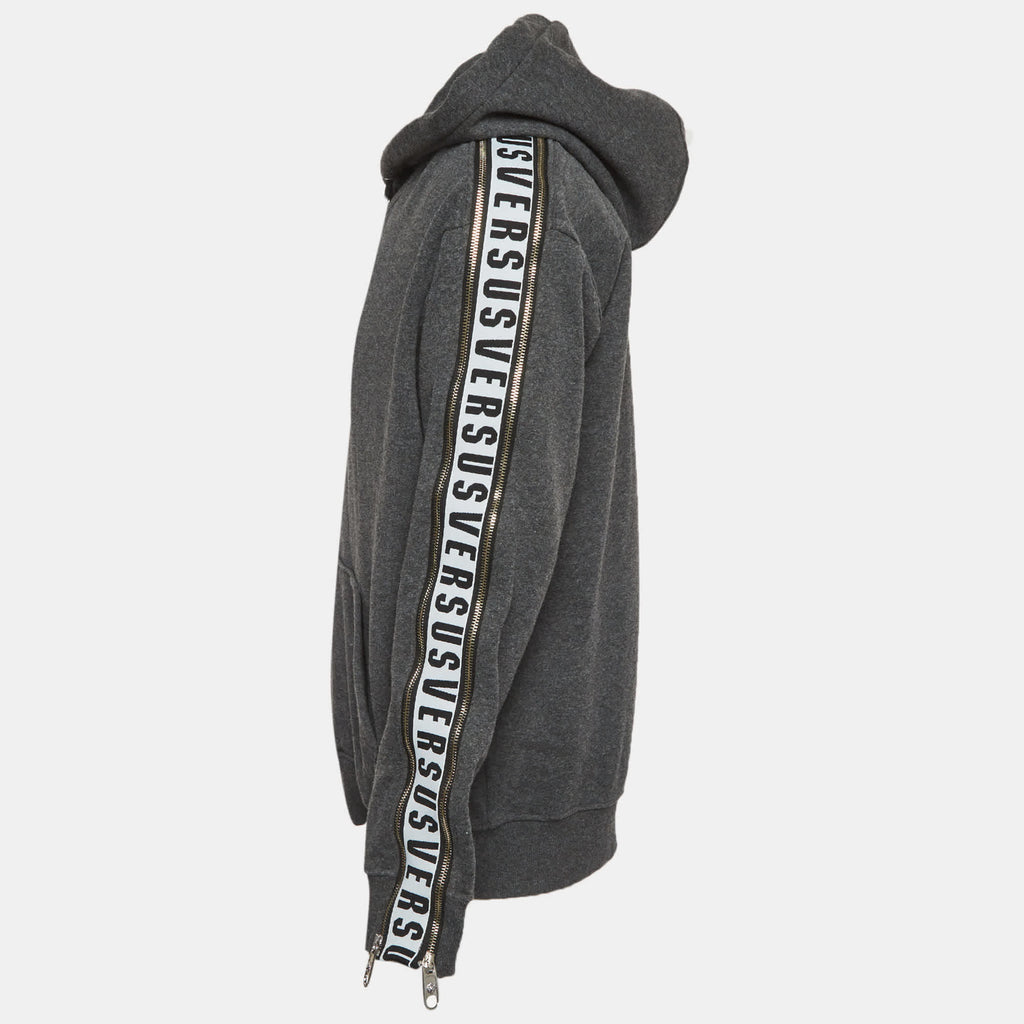 Versus Versace Grey Cotton Knit Logo Tape Zip Detail Hooded Jacket