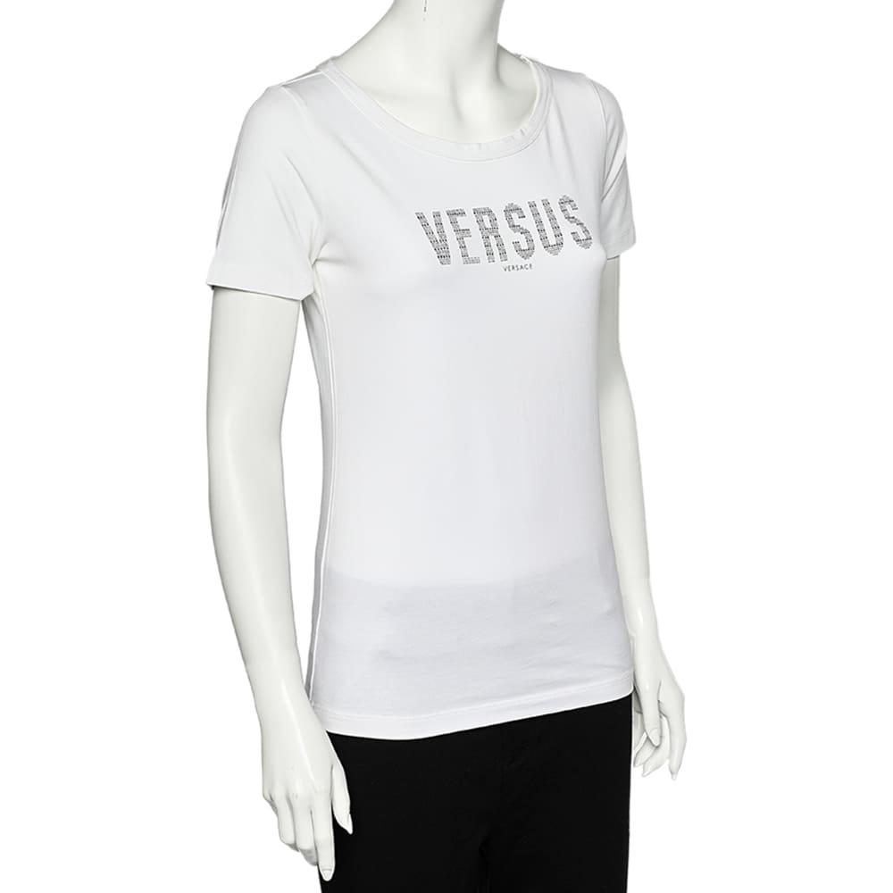 Versus Versace White Logo Embellished Cotton Knit T-Shirt