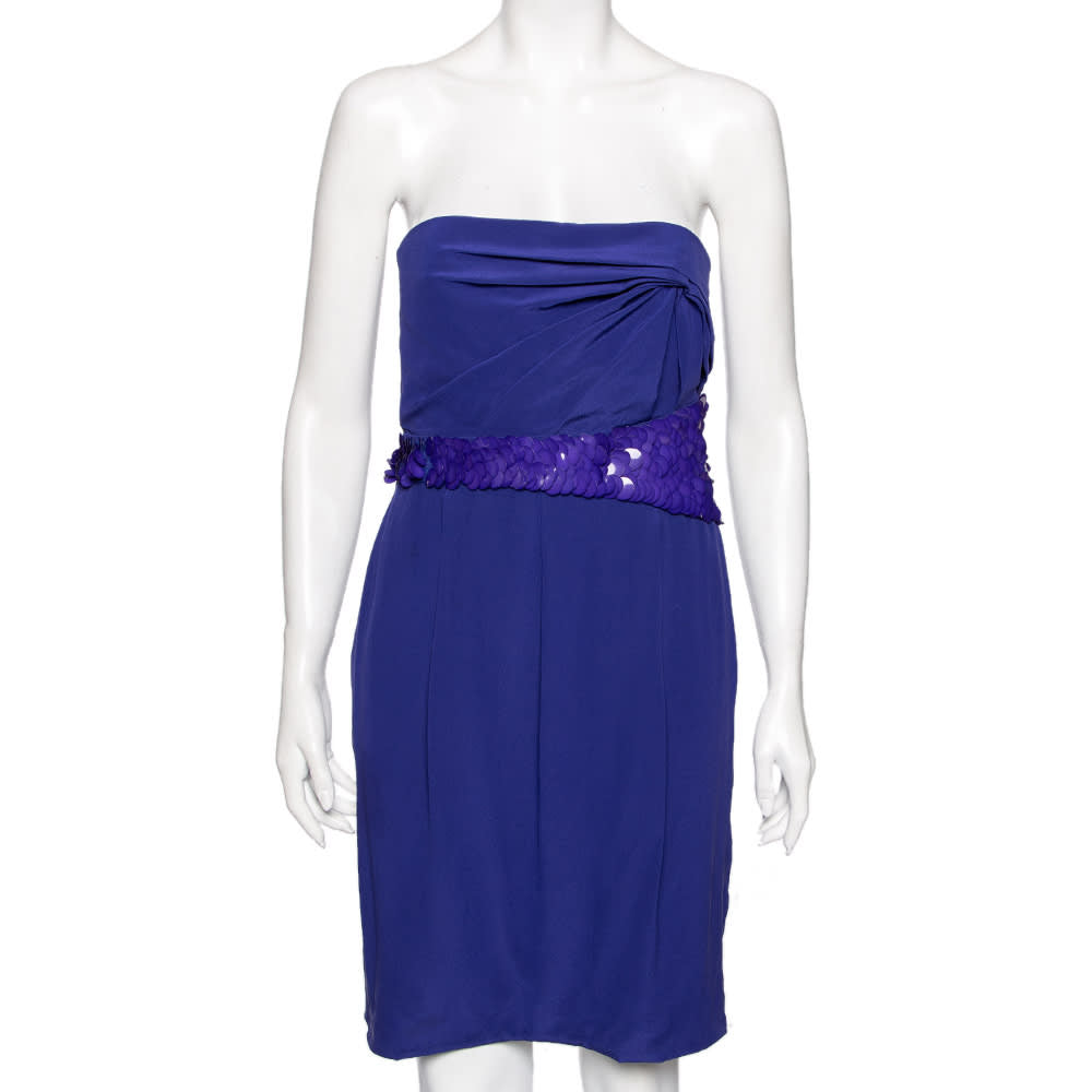 Versace Blue Crepe Embellished Detail Strapless Mini Dress