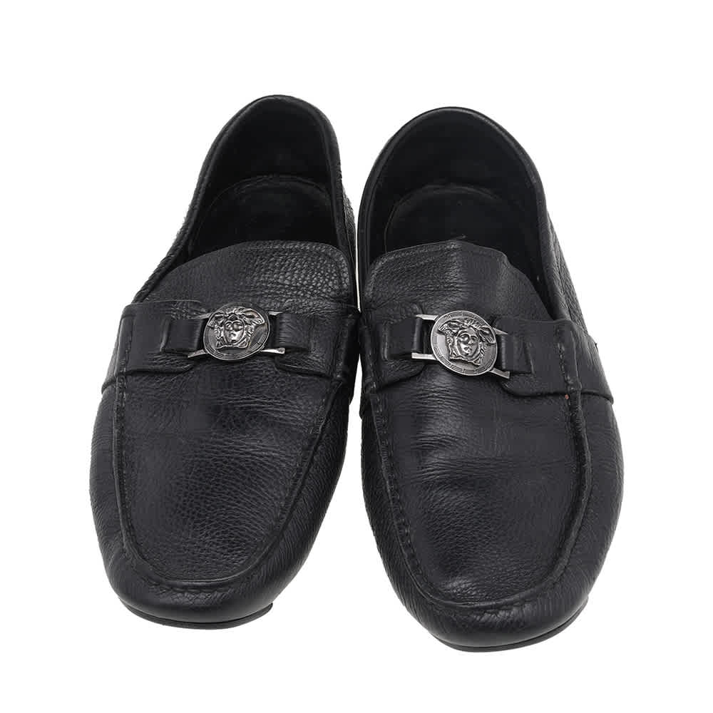 Versace Black Leather Medusa Slip On Loafers