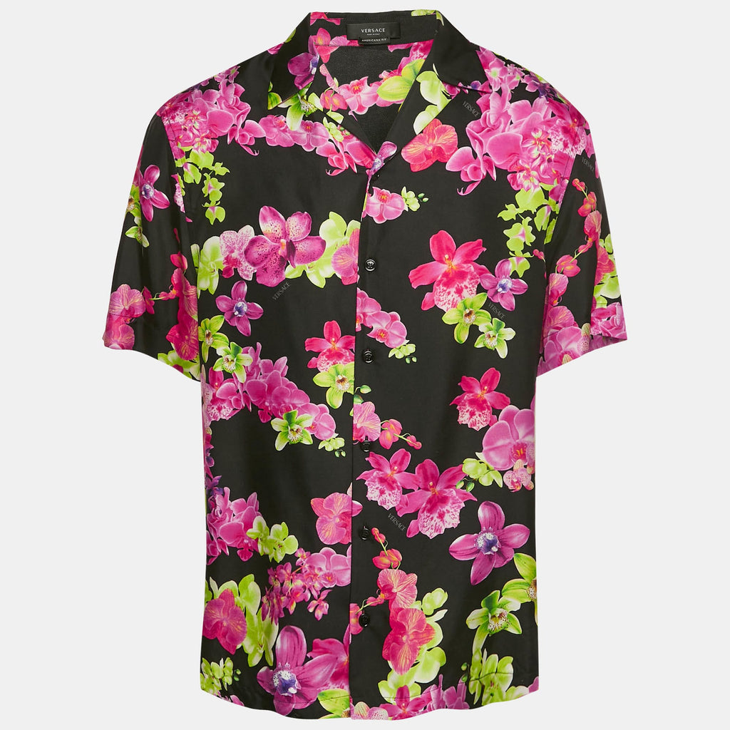 Versace Black/pink Floral Print Silk American Fit Shirt
