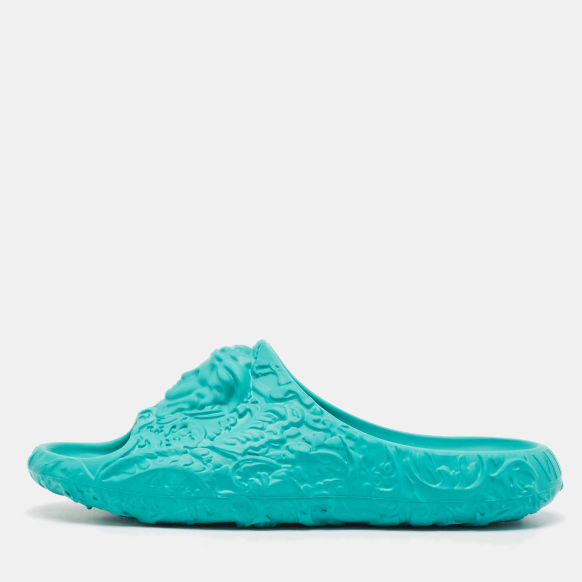 Versace Turquoise Blue Baroque Medusa Embossed Rubber Pool Slides