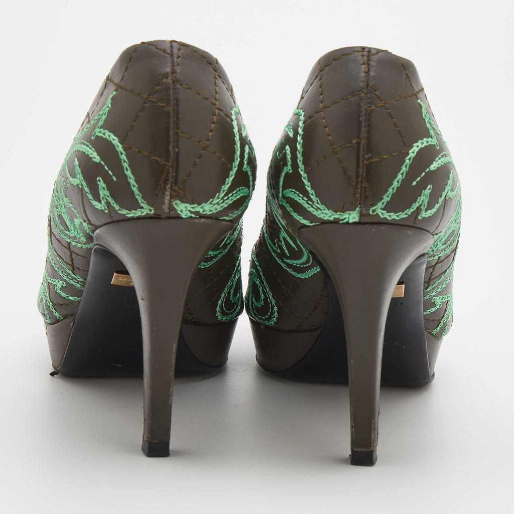 Versace Olive Brown Embroidered Leather Peep Toe Platform Pumps