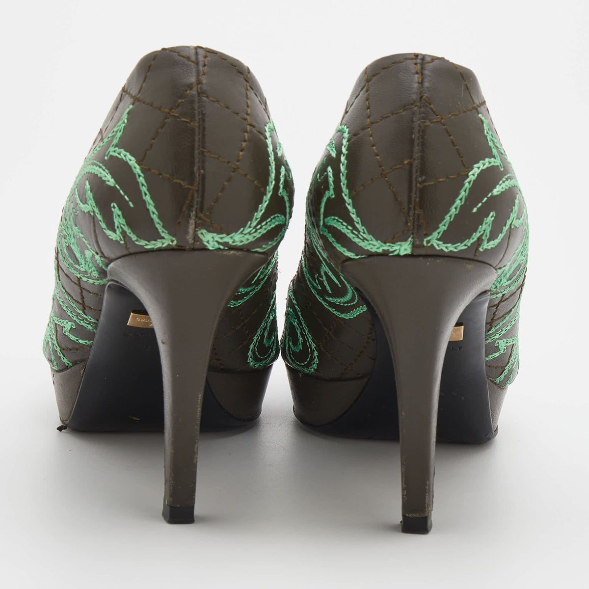 Versace Olive Brown Embroidered Leather Peep Toe Platform Pumps