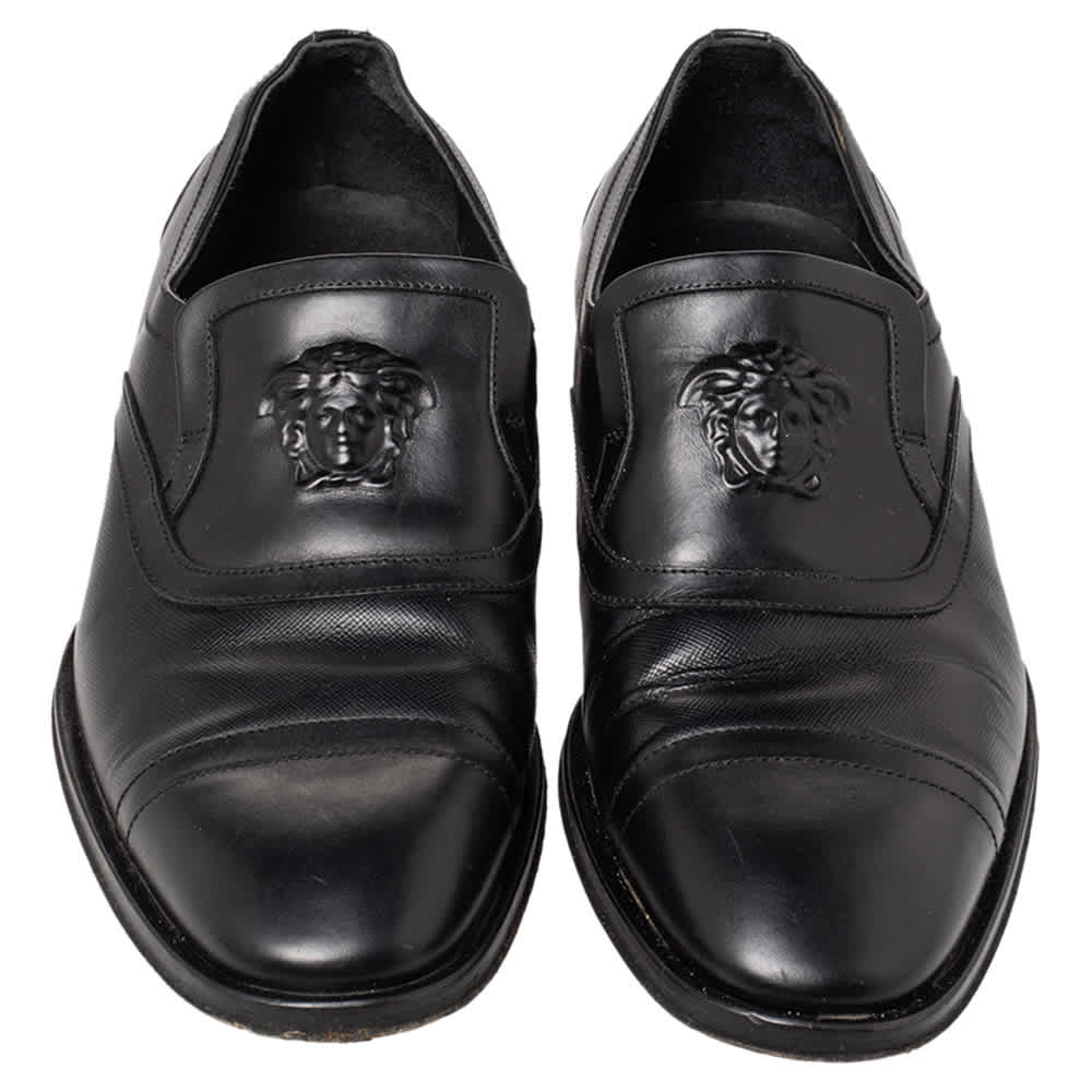 Versace Black Leather Medusa Embellished Slip On Oxford