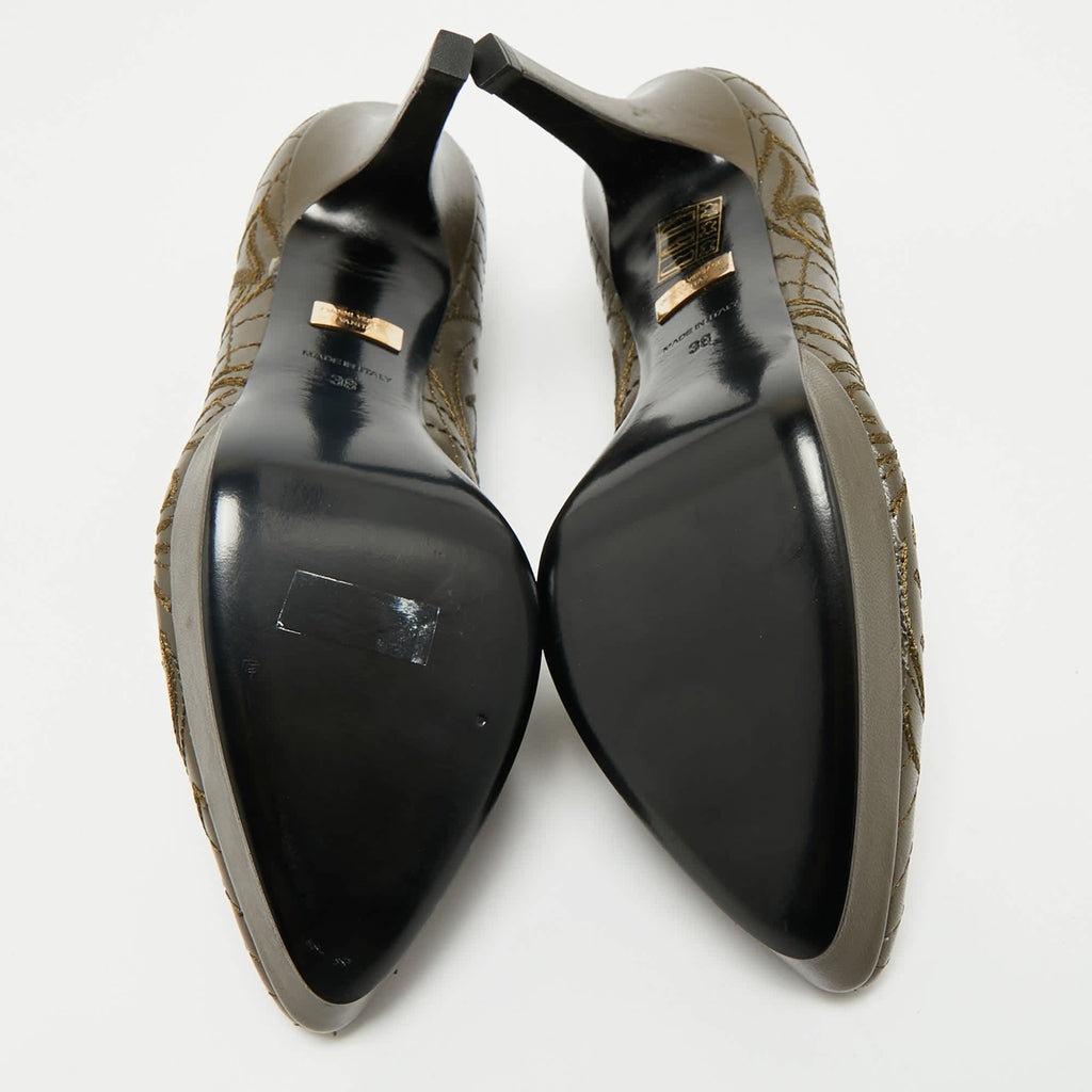 Versace Olive Brown Embroidered Leather Platform Pointed Toe Pumps