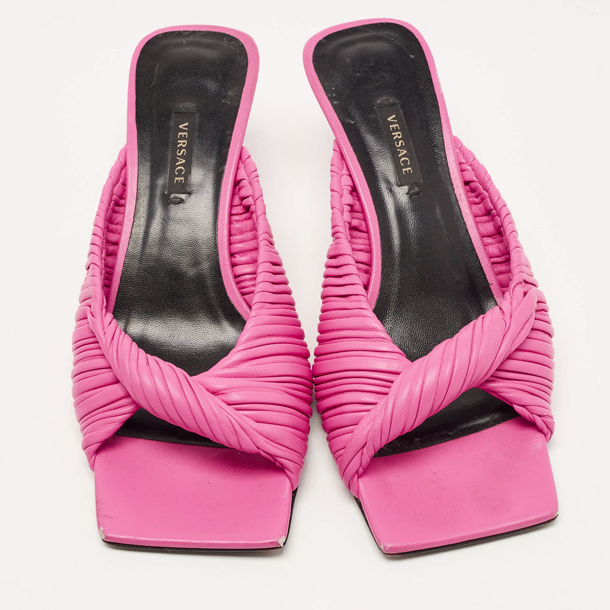 Versace Pink Pleated Leather Plisse Slide Sandals