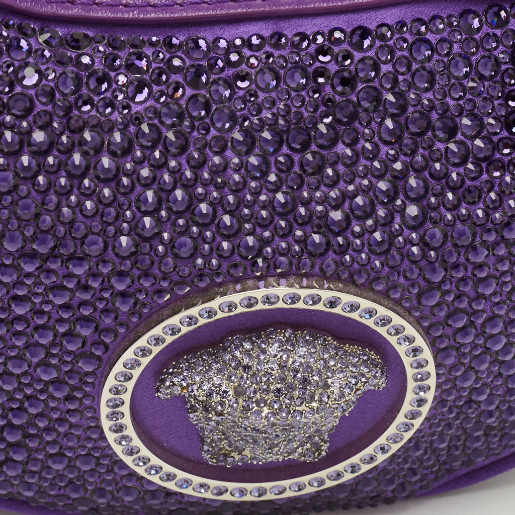 Versace Repeat Crystal Studded Mini Purple Satin Hobo