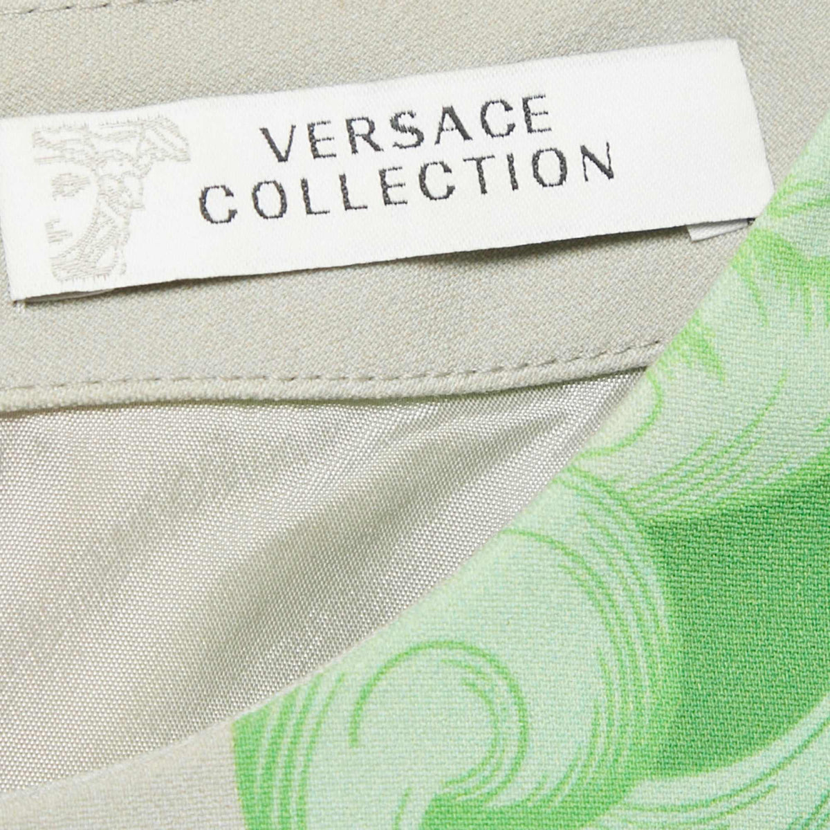 Versace Collection Grey /green Printed Cotton & Crepe Sheath Dress