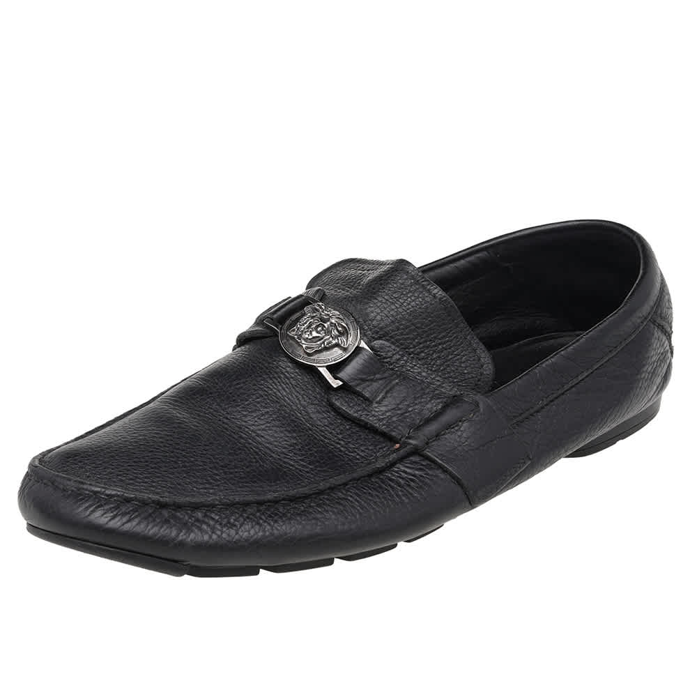 Versace Black Leather Medusa Slip On Loafers