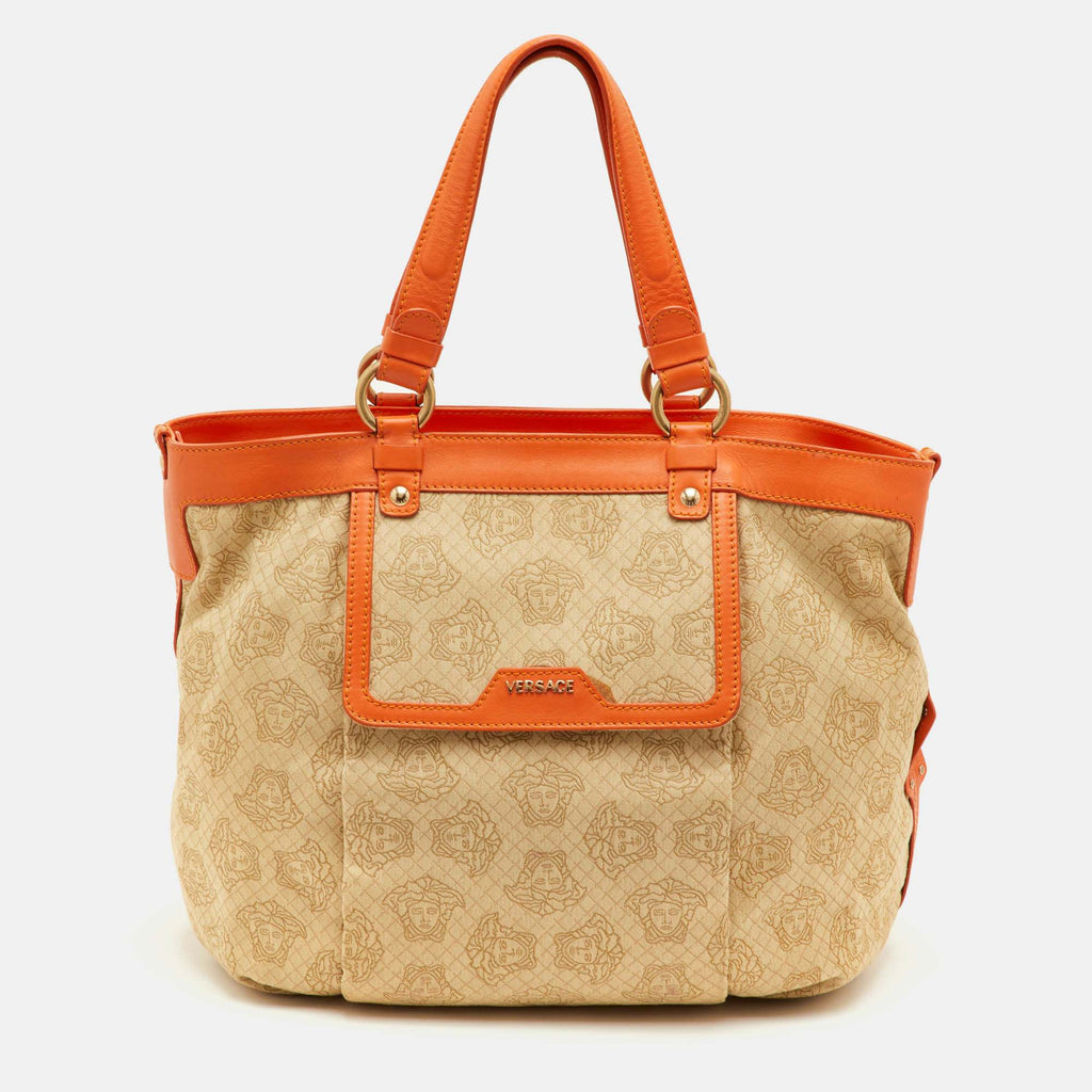Versace Medusa Beige Canvas And Leather Tote