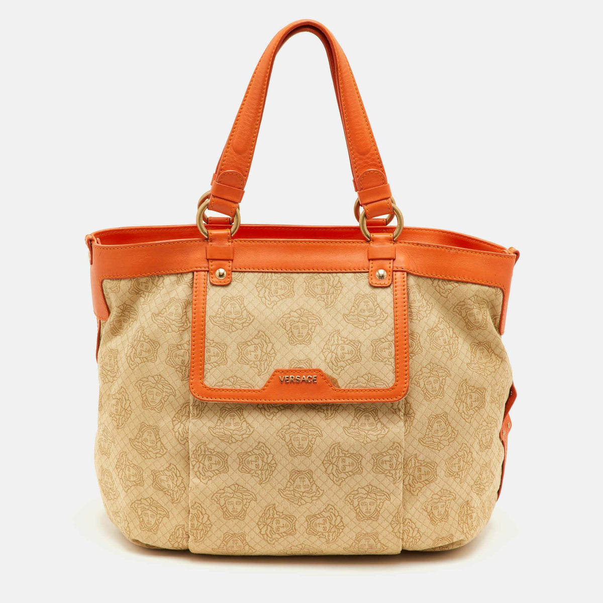 Versace Medusa Beige Canvas And Leather Tote