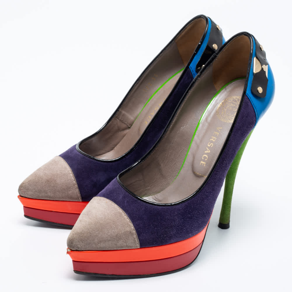 Versace Multicolor Suede And Leather Pointed Toe Platform Pumps