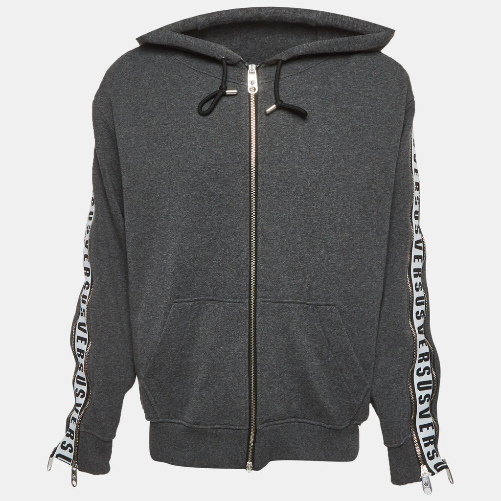 Versus Versace Grey Cotton Knit Logo Tape Zip Detail Hooded Jacket