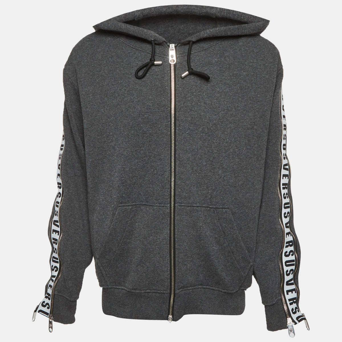 Versus Versace Grey Cotton Knit Logo Tape Zip Detail Hooded Jacket