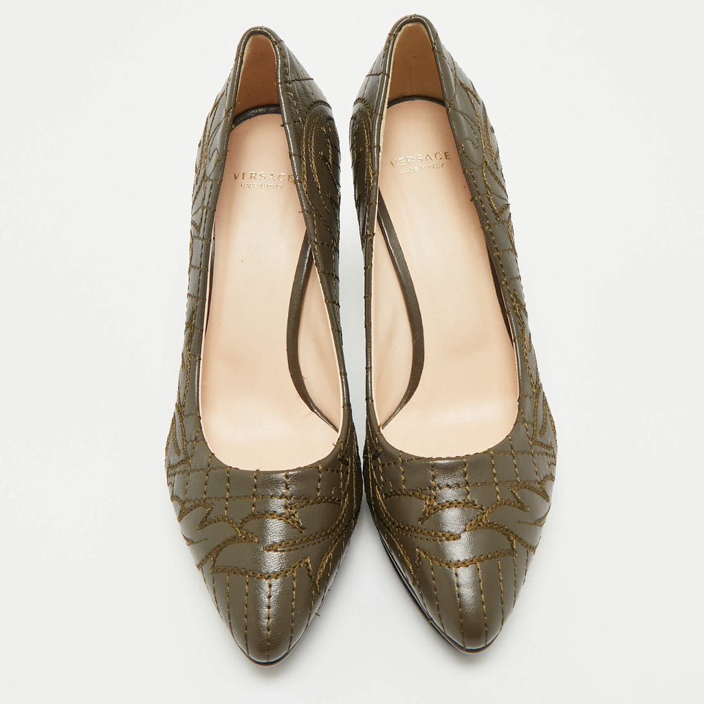 Versace Olive Brown Embroidered Leather Platform Pointed Toe Pumps