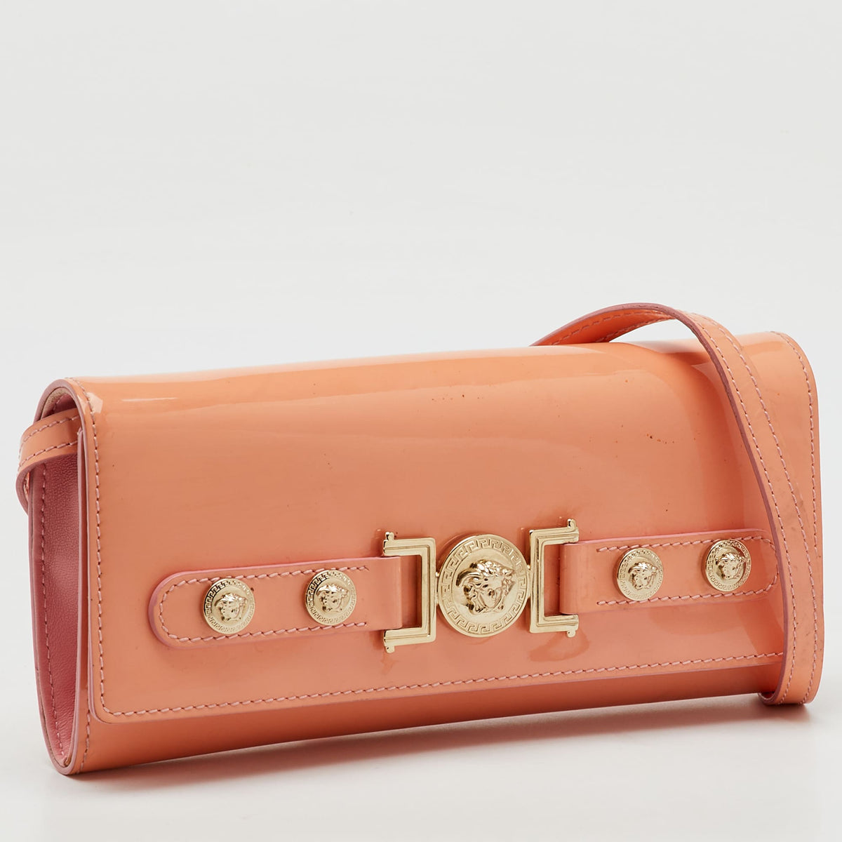 Versace Coral Pink Patent Leather Medusa Flap Continental Wallet On Strap