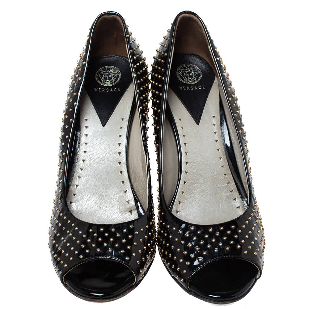 Versace Black Patent Studded Peep Toe Pumps