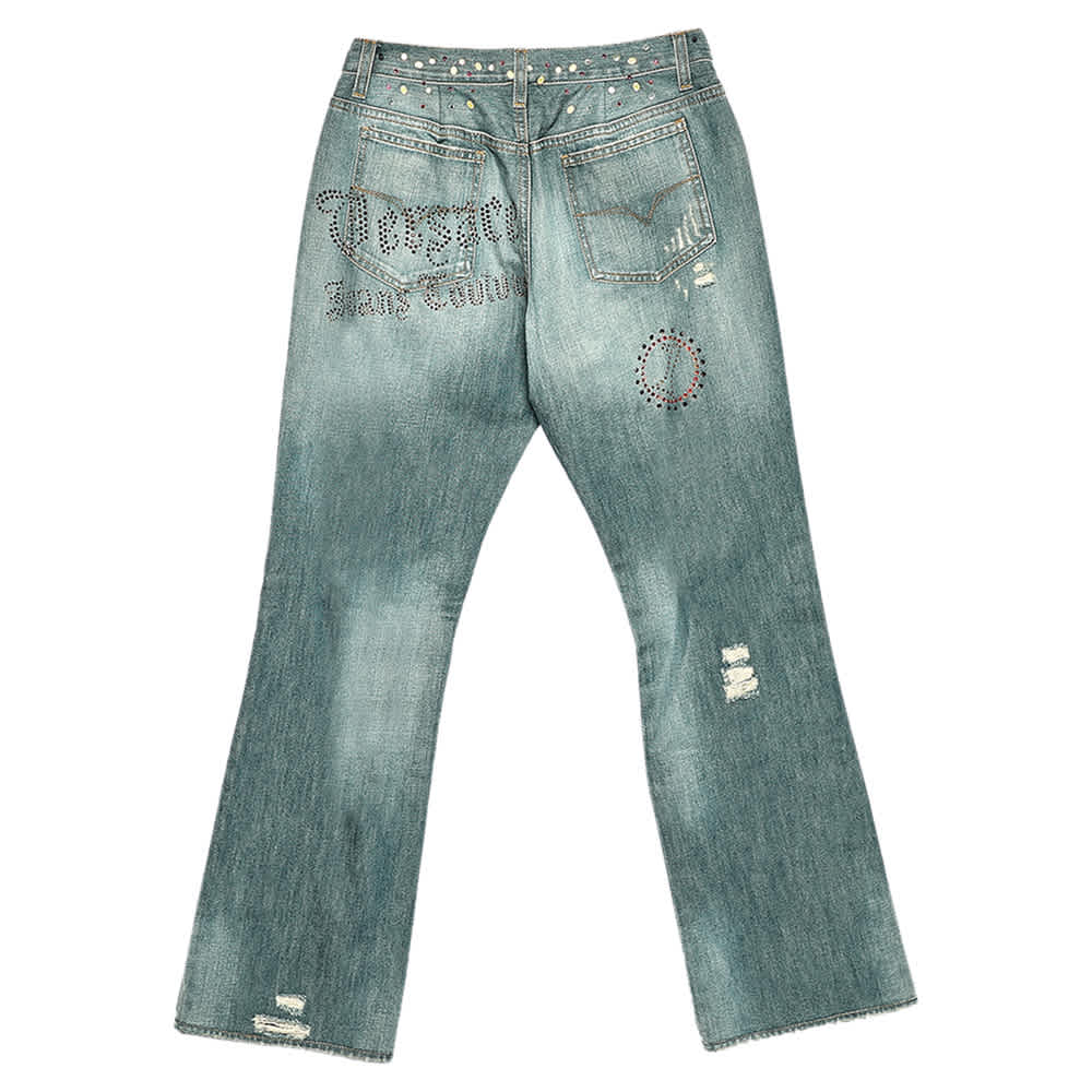 Versace Jeans Couture Blue Embellished Denim Flared Leg Distressed Jeans