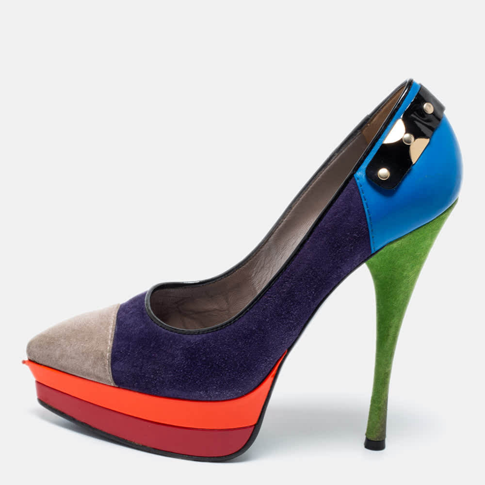 Versace Multicolor Suede And Leather Pointed Toe Platform Pumps