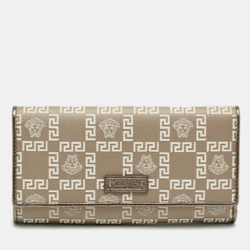 Versace Metallic Beige Medusa Canvas And Leather Trifold Wallet