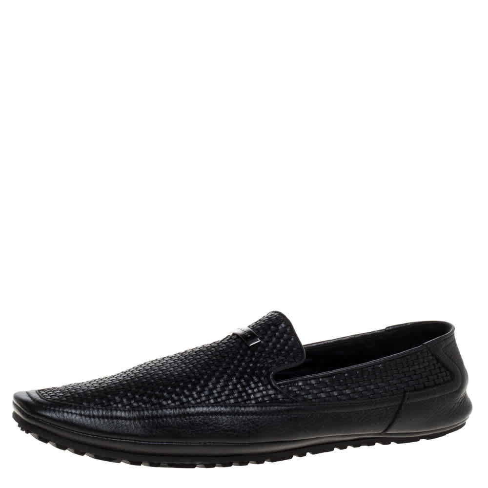 Versace Black Woven Leather Slip On Loafers