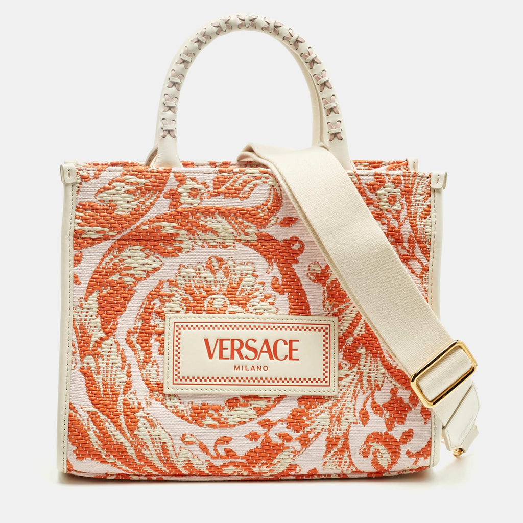 Versace Orange/pink Canvas And Raffia Small Barocco Athena Tote