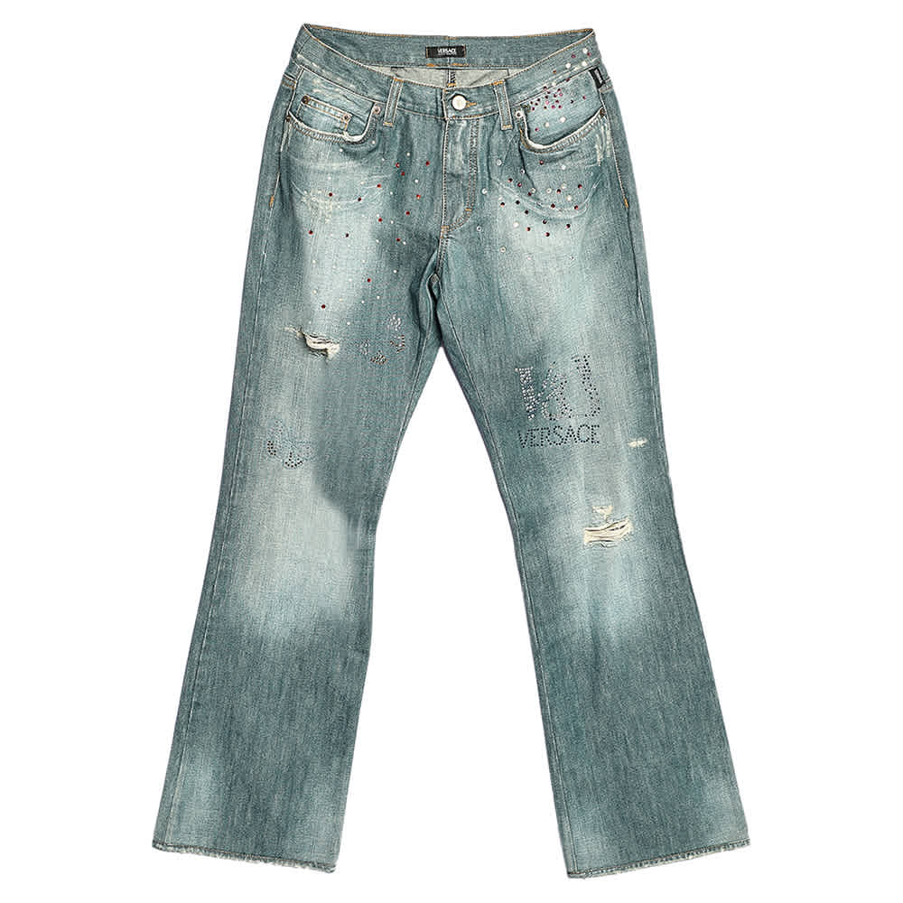 Versace Jeans Couture Blue Embellished Denim Flared Leg Distressed Jeans