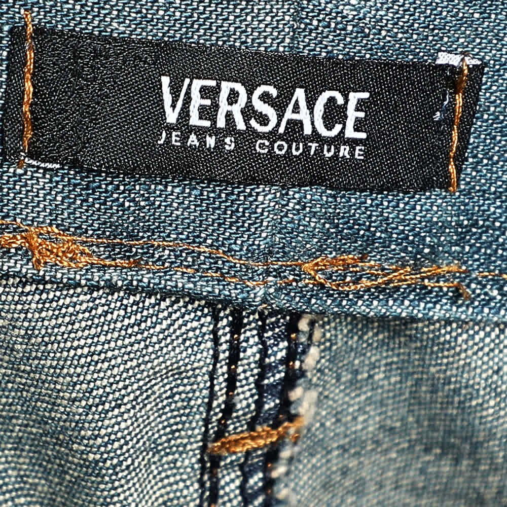 Versace Jeans Couture Blue Embellished Denim Flared Leg Distressed Jeans