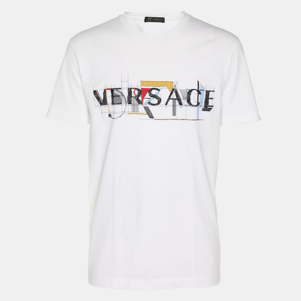 Versace White Logo Embroidered Jersey T-Shirt