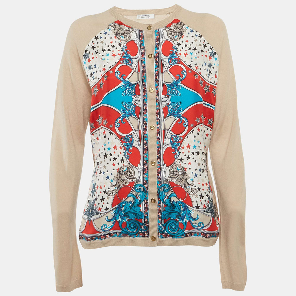 Versace Collection Beige Printed Silk And Knit Cardigan