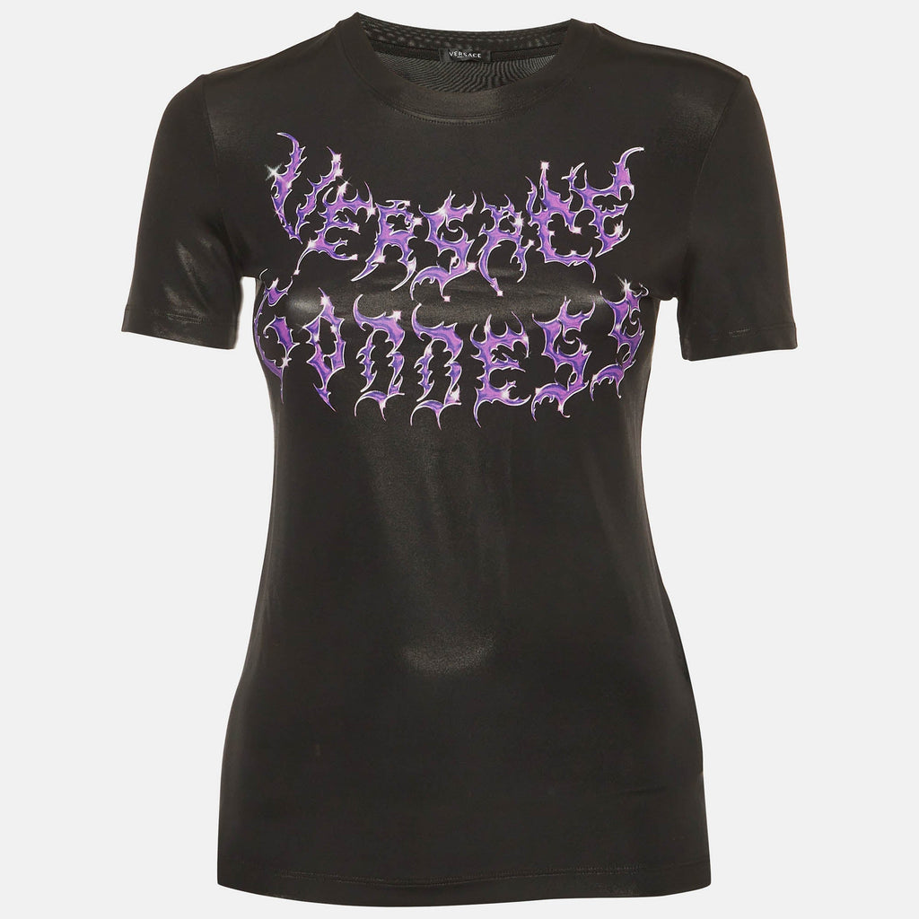 Versace Black Versace Goddess Print Jersey Crewneck T-Shirt