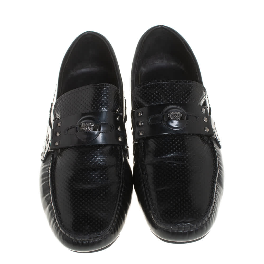 Versace Black Leather Medusa Detail Slip On Loafers