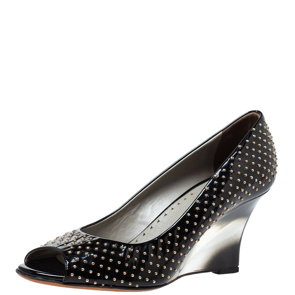 Versace Black Patent Studded Peep Toe Pumps