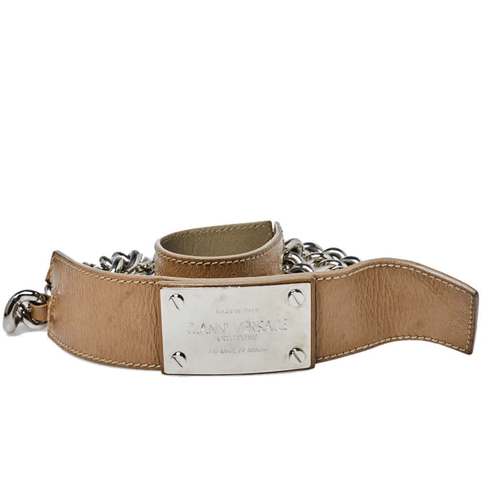Versace Beige Patent Leather And Chain Logo Plaque Belt