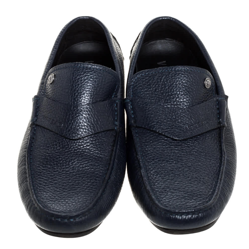 Versace Navy Blue Leather Slip On Loafers
