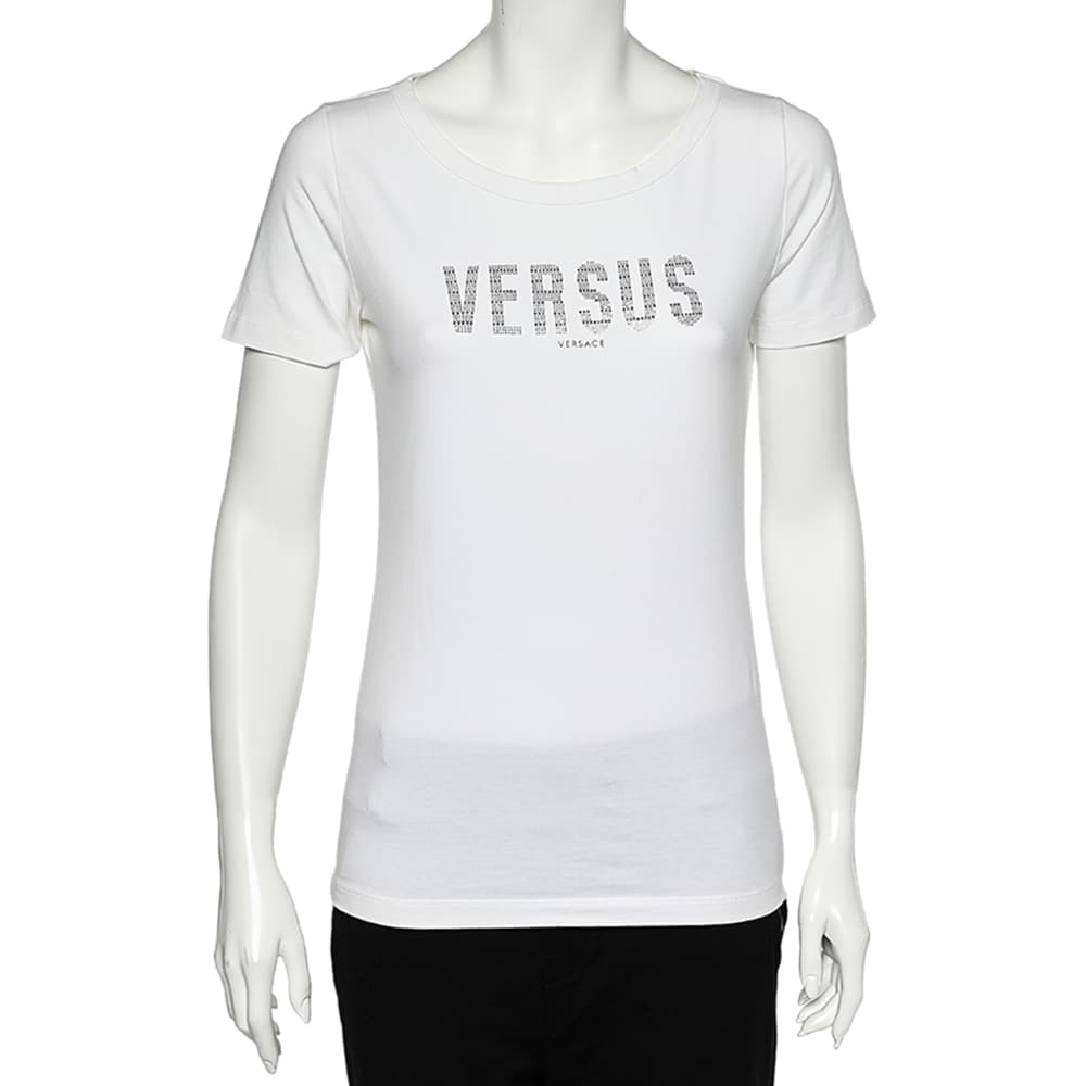 Versus Versace White Logo Embellished Cotton Knit T-Shirt