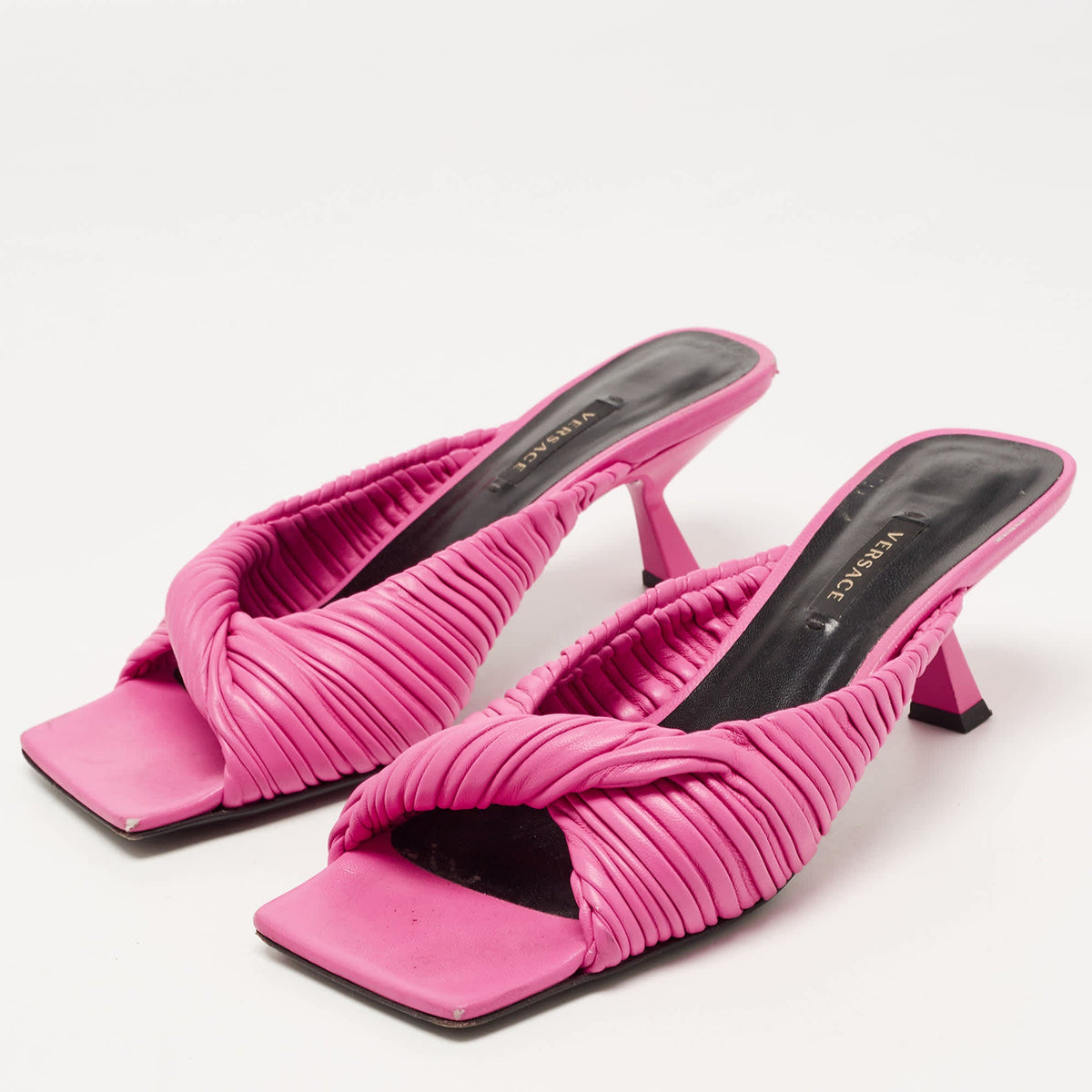 Versace Pink Pleated Leather Plisse Slide Sandals