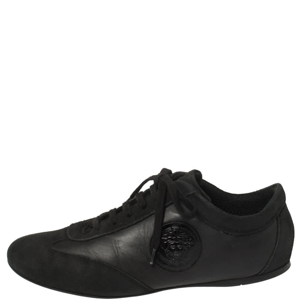 Versace Black Suede And Soft Leather Medusa Lace Up Sneakers