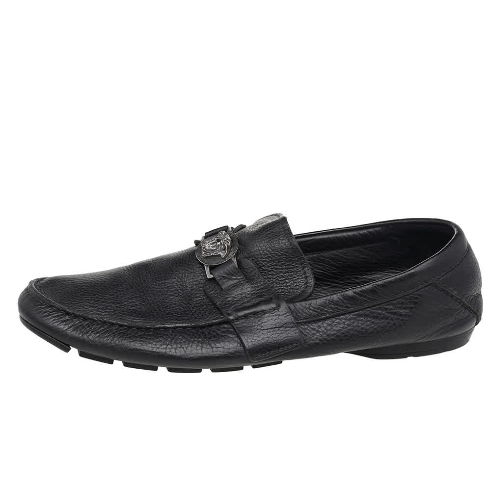 Versace Black Leather Medusa Slip On Loafers