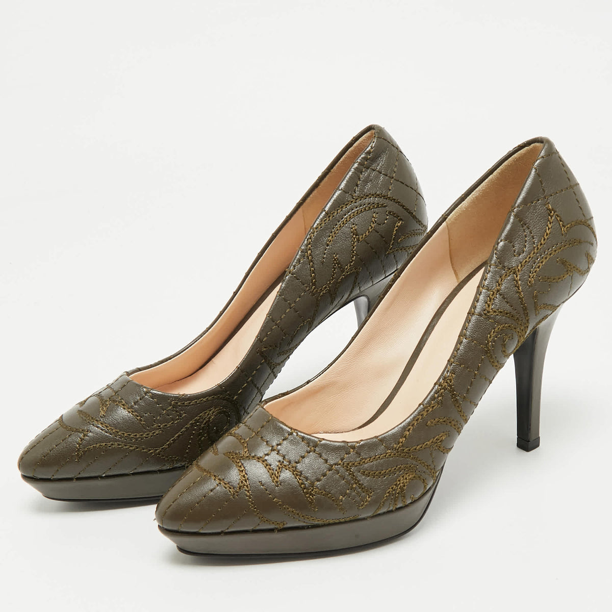 Versace Olive Brown Embroidered Leather Platform Pointed Toe Pumps