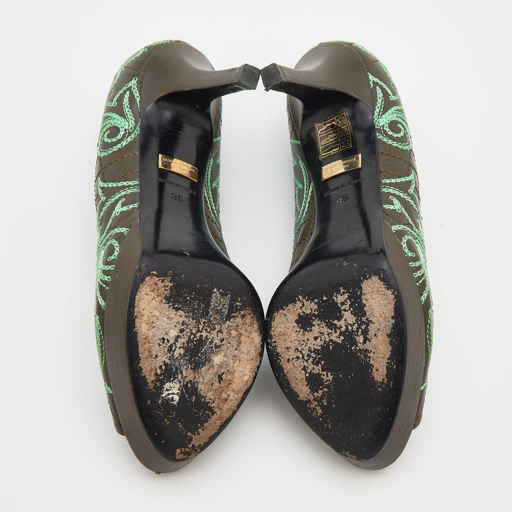 Versace Olive Brown Embroidered Leather Peep Toe Platform Pumps