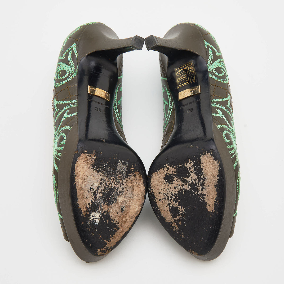 Versace Olive Brown Embroidered Leather Peep Toe Platform Pumps